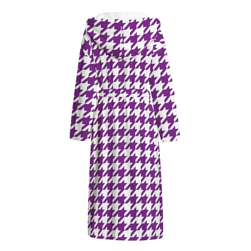 Purple And White Houndstooth Print Hooded Bathrobe