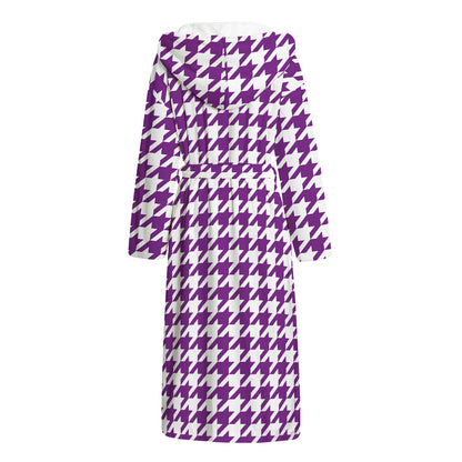 Purple And White Houndstooth Print Hooded Bathrobe