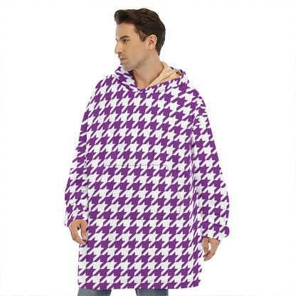 Purple And White Houndstooth Print Hoodie Blanket