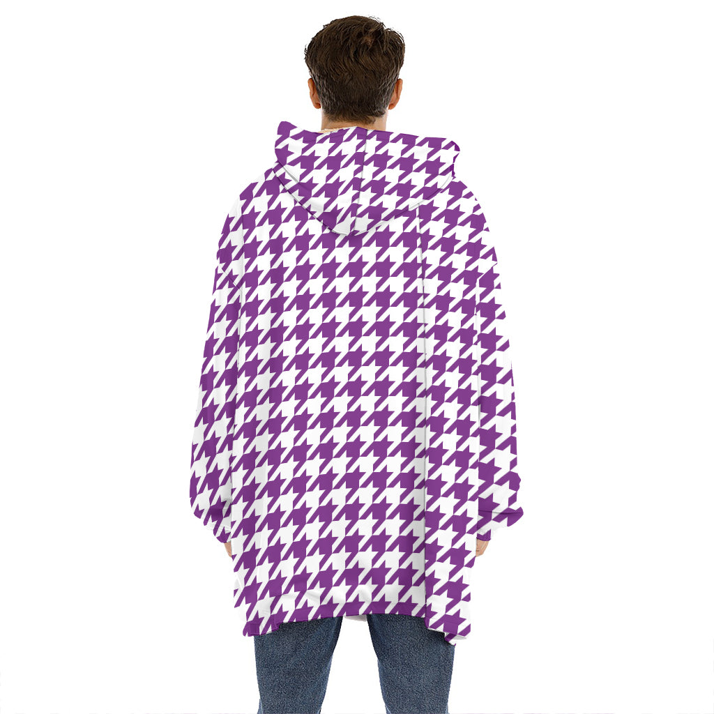 Purple And White Houndstooth Print Hoodie Blanket