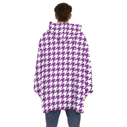Purple And White Houndstooth Print Hoodie Blanket