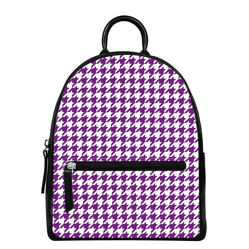 Purple And White Houndstooth Print Leather Backpack