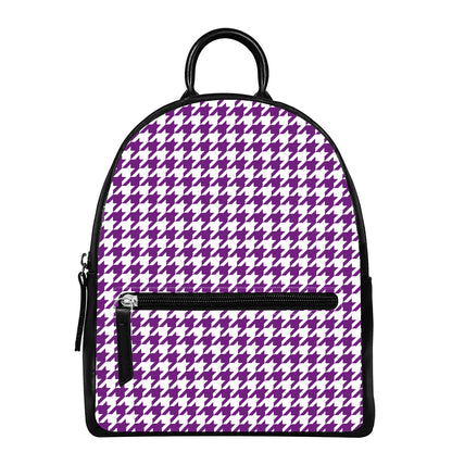 Purple And White Houndstooth Print Leather Backpack