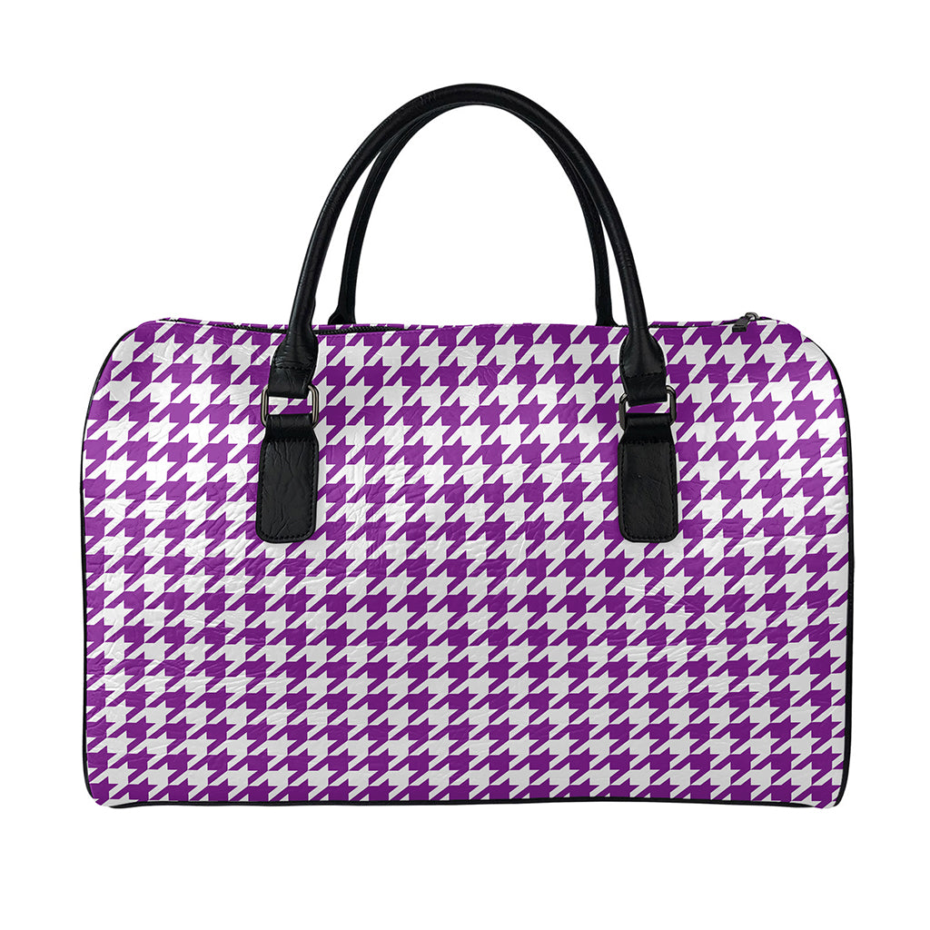 Purple And White Houndstooth Print Leather Duffle Bag