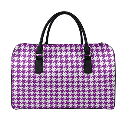 Purple And White Houndstooth Print Leather Duffle Bag