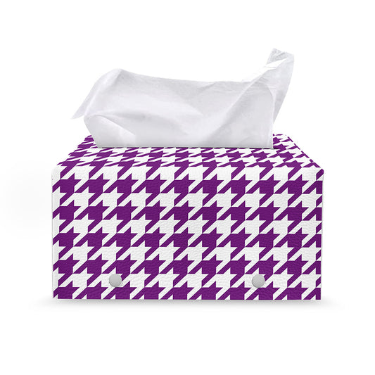 Purple And White Houndstooth Print Leather Tissue Box Cover