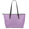 Purple And White Houndstooth Print Leather Tote Bag With Zipper
