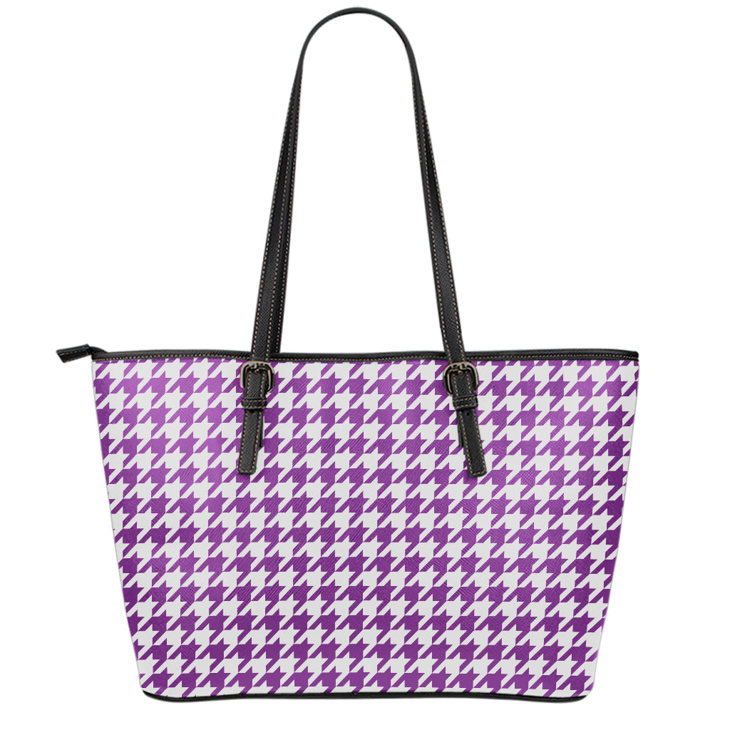 Purple And White Houndstooth Print Leather Tote Bag