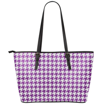 Purple And White Houndstooth Print Leather Tote Bag