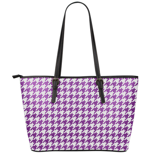 Purple And White Houndstooth Print Leather Tote Bag