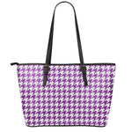 Purple And White Houndstooth Print Leather Tote Bag