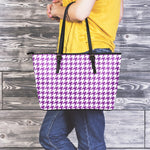 Purple And White Houndstooth Print Leather Tote Bag