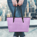 Purple And White Houndstooth Print Leather Tote Bag