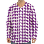Purple And White Houndstooth Print Long Sleeve Baseball Jersey