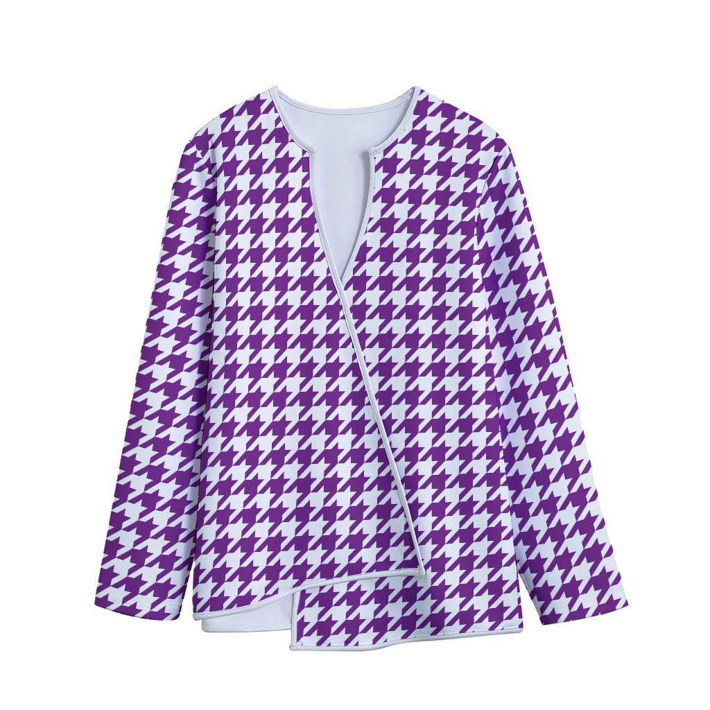 Purple And White Houndstooth Print Long Sleeve Short Coat