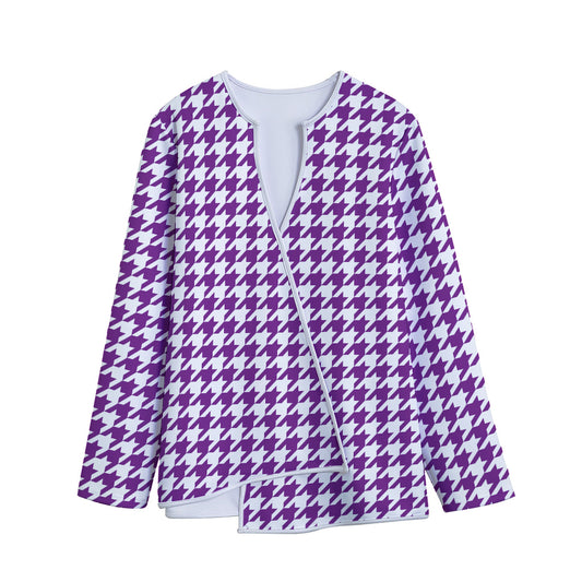 Purple And White Houndstooth Print Long Sleeve Short Coat