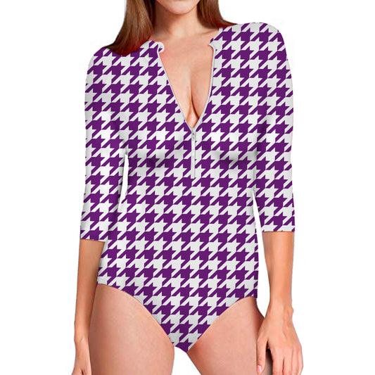 Purple And White Houndstooth Print Long Sleeve Swimsuit