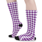 Purple And White Houndstooth Print Long Socks