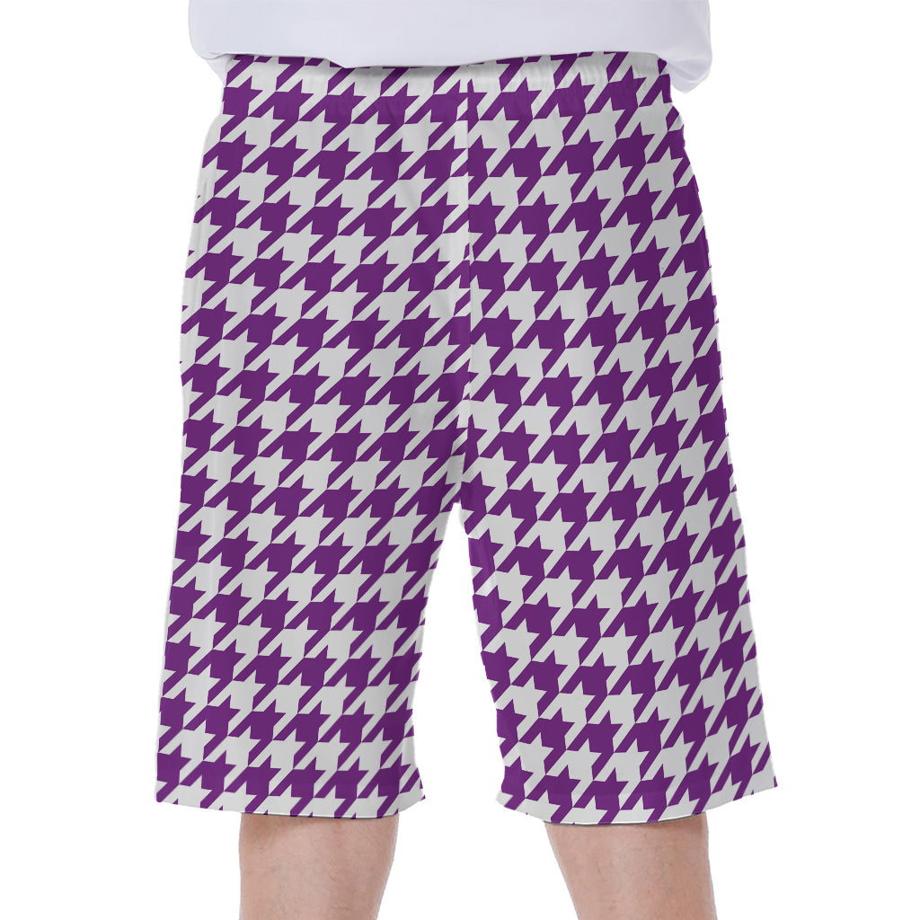 Purple And White Houndstooth Print Men's Beach Shorts