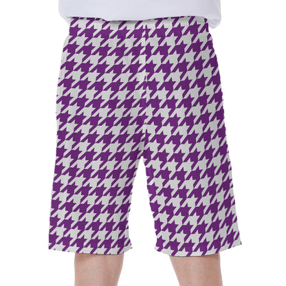 Purple And White Houndstooth Print Men's Beach Shorts