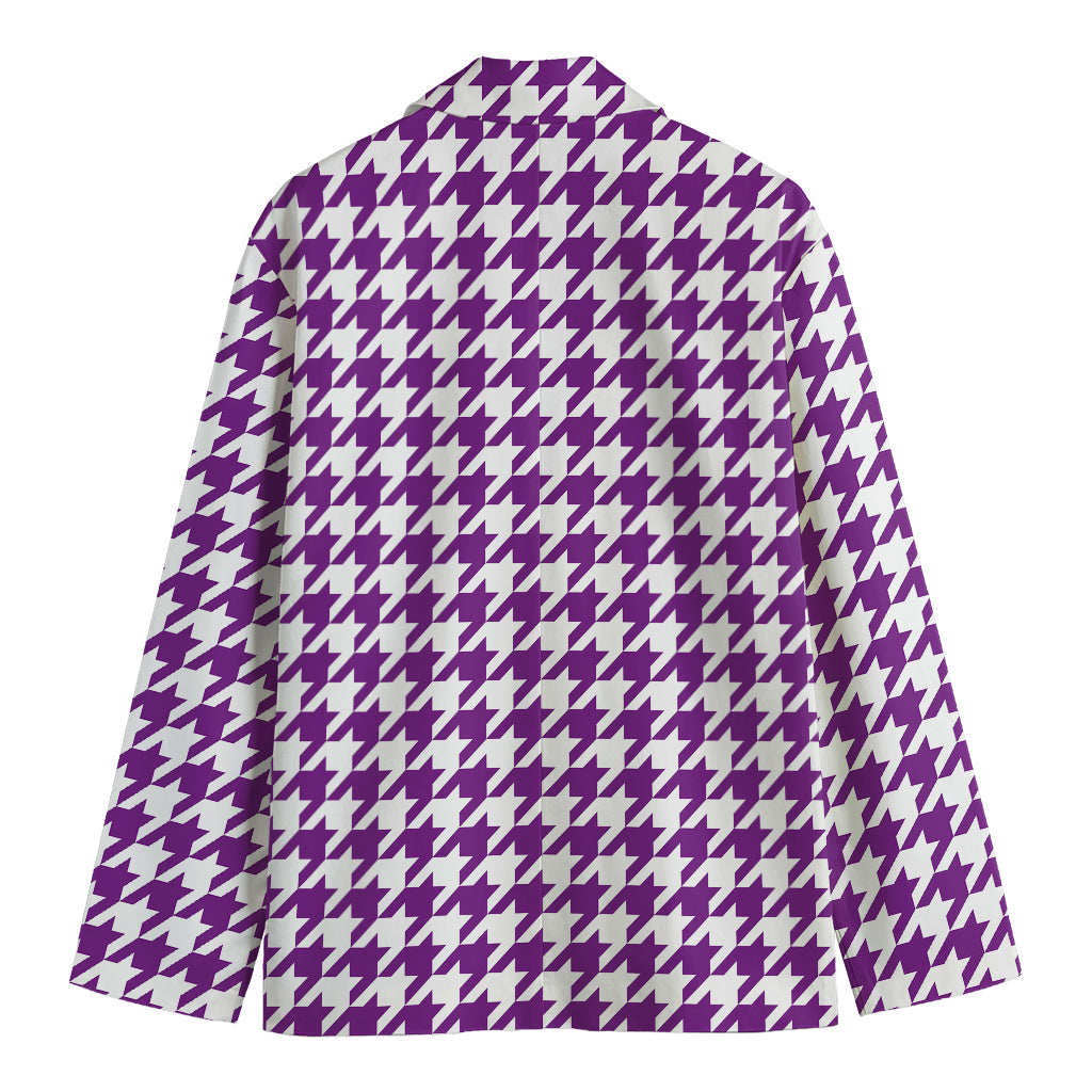 Purple And White Houndstooth Print Men's Cotton Blazer