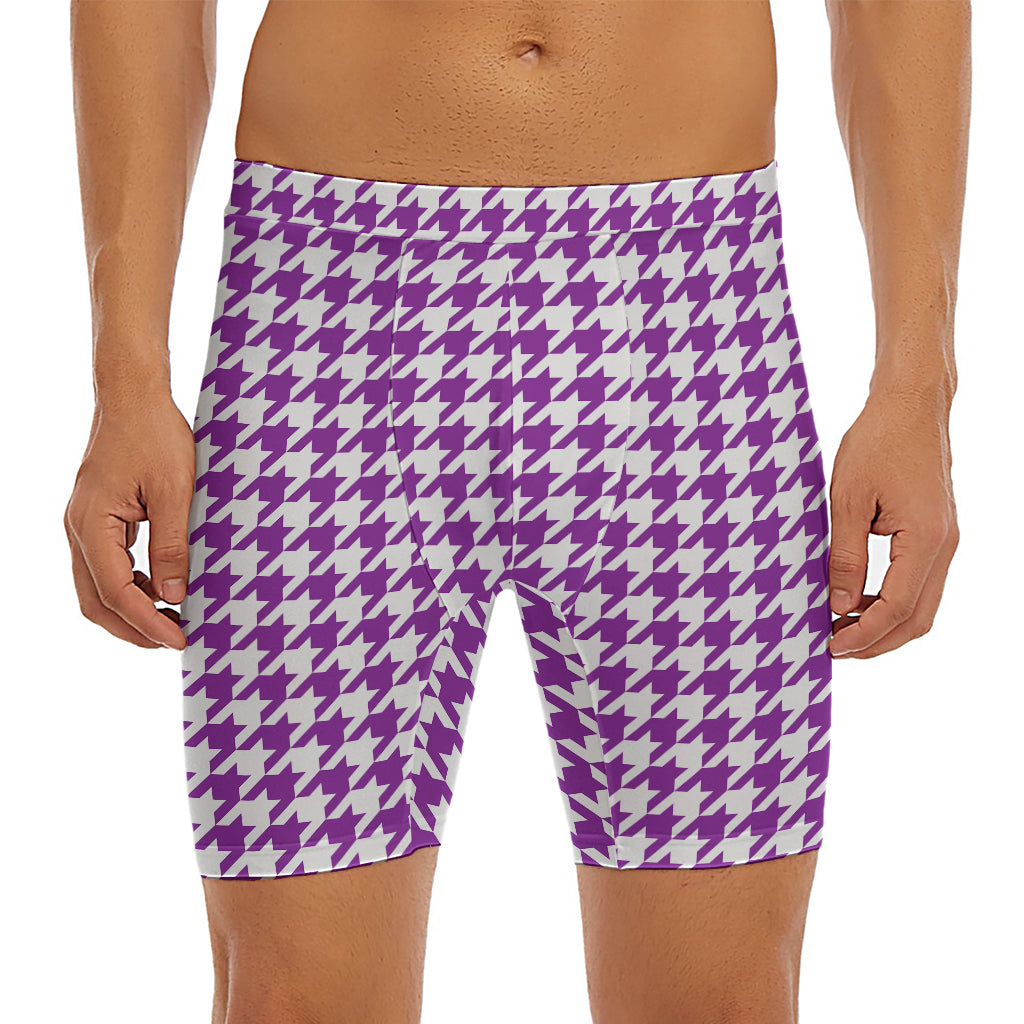 Purple And White Houndstooth Print Men's Long Boxer Briefs