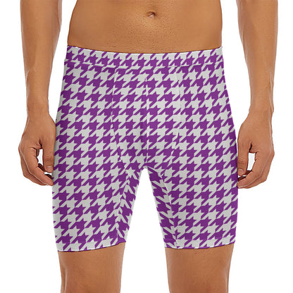Purple And White Houndstooth Print Men's Long Boxer Briefs