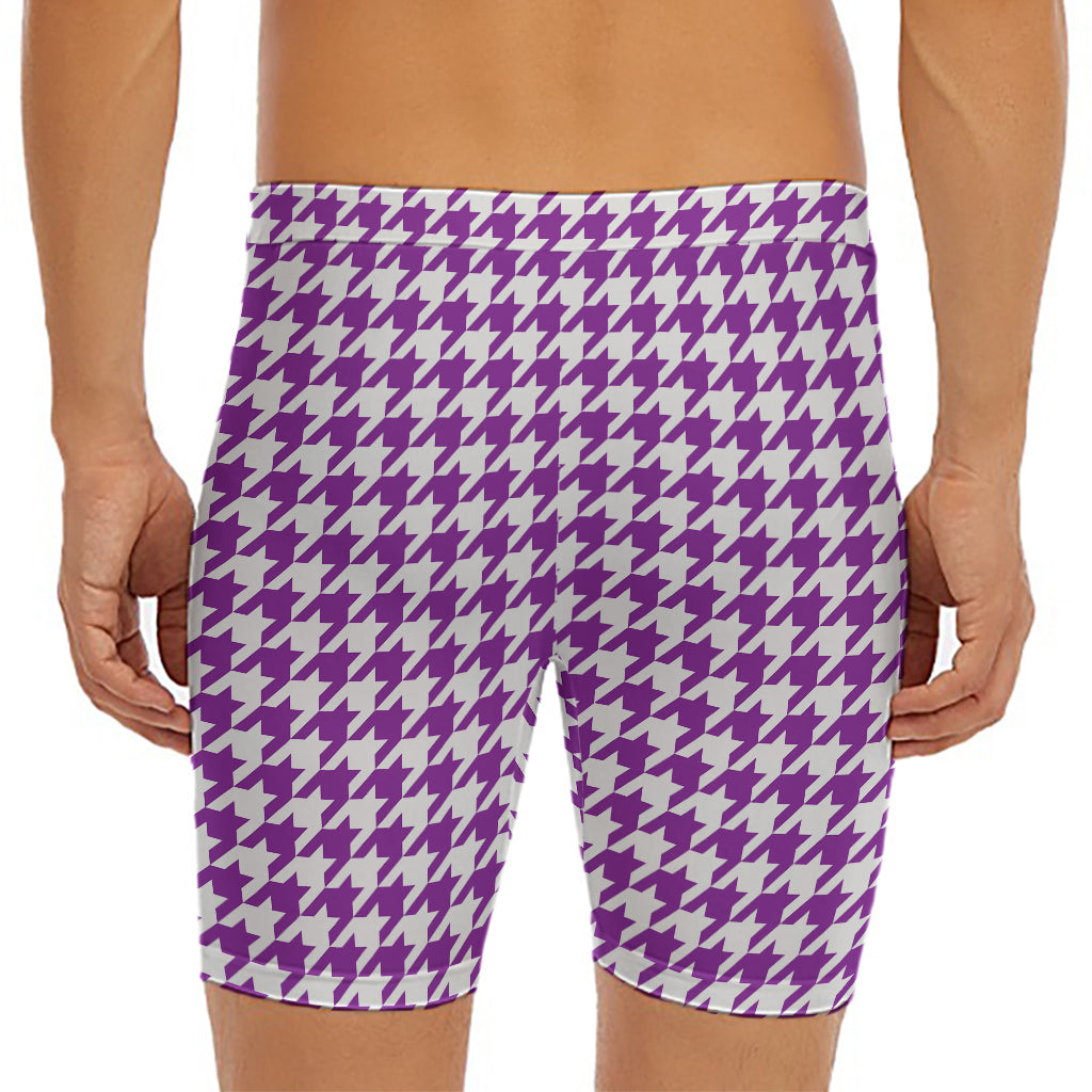 Purple And White Houndstooth Print Men's Long Boxer Briefs