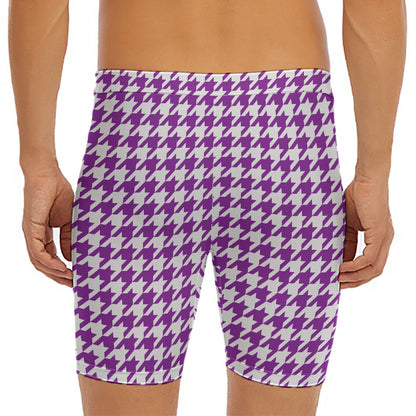 Purple And White Houndstooth Print Men's Long Boxer Briefs