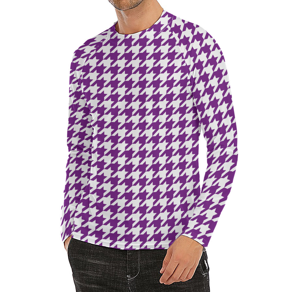 Purple And White Houndstooth Print Men's Long Sleeve Rash Guard