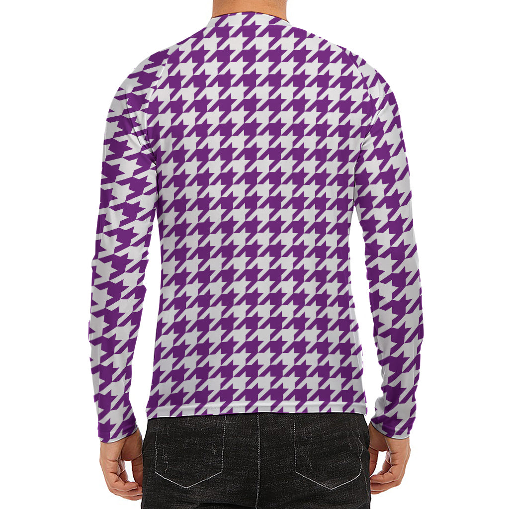 Purple And White Houndstooth Print Men's Long Sleeve Rash Guard