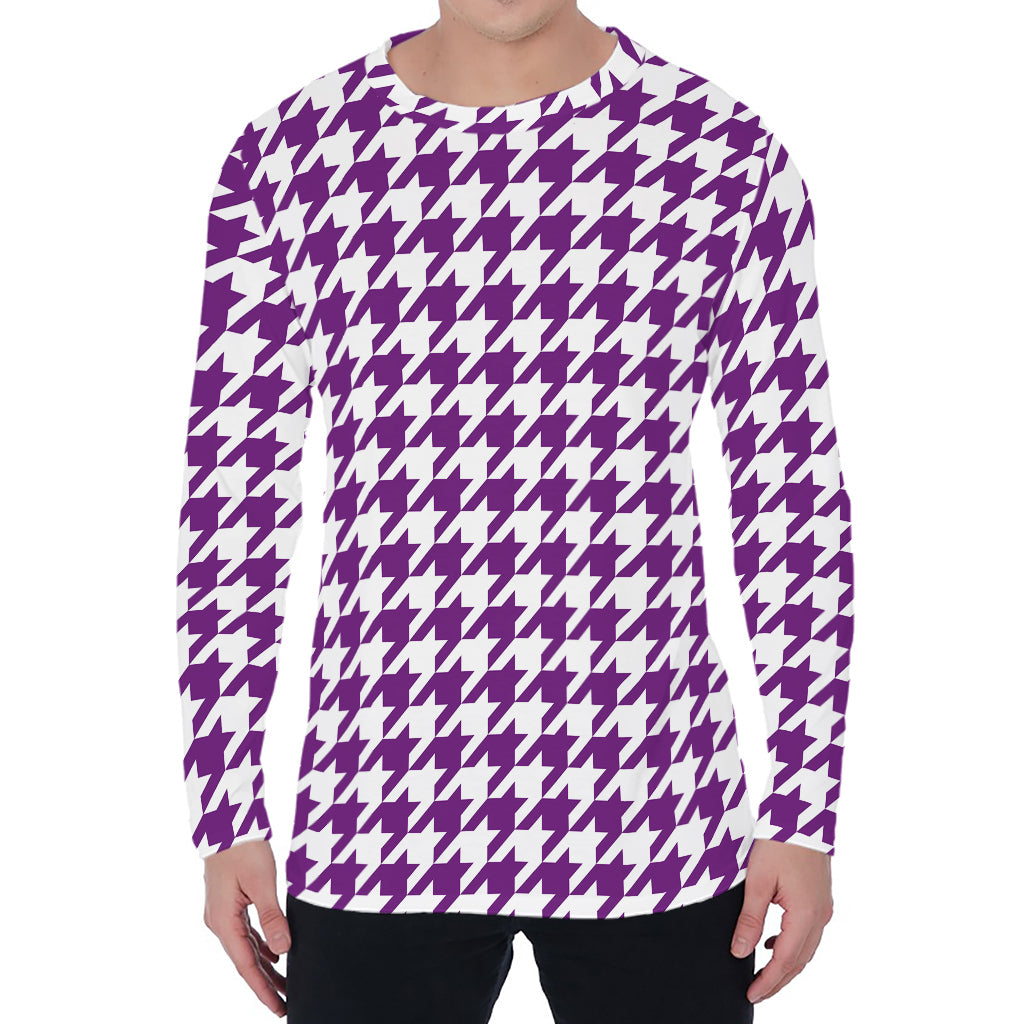 Purple And White Houndstooth Print Men's Long Sleeve T-Shirt