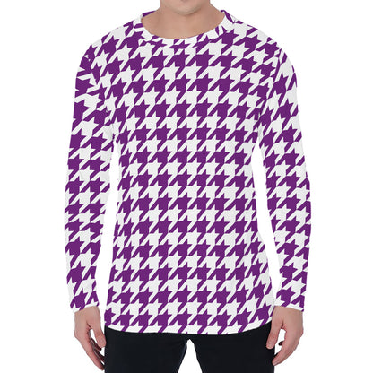 Purple And White Houndstooth Print Men's Long Sleeve T-Shirt