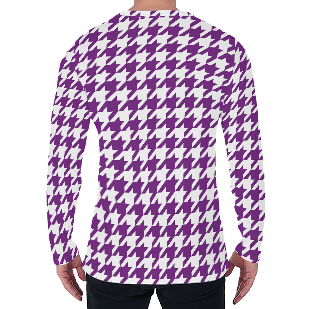 Purple And White Houndstooth Print Men's Long Sleeve T-Shirt