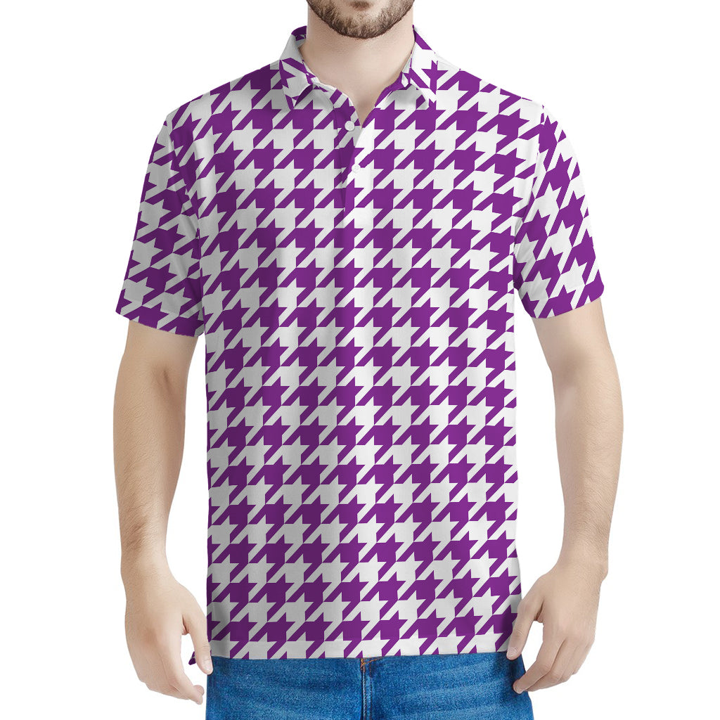 Purple And White Houndstooth Print Men's Polo Shirt