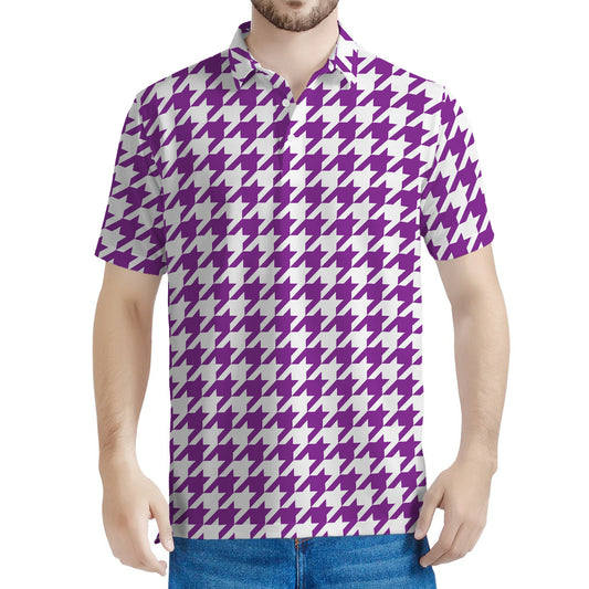 Purple And White Houndstooth Print Men's Polo Shirt