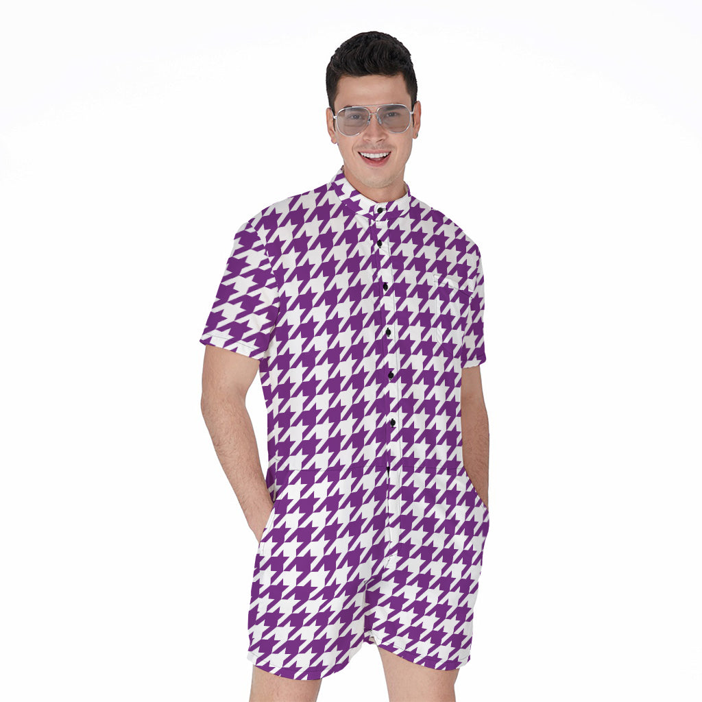 Purple And White Houndstooth Print Men's Rompers