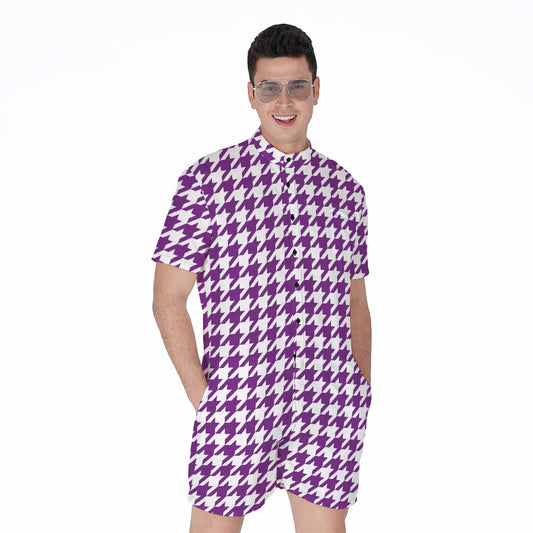 Purple And White Houndstooth Print Men's Rompers