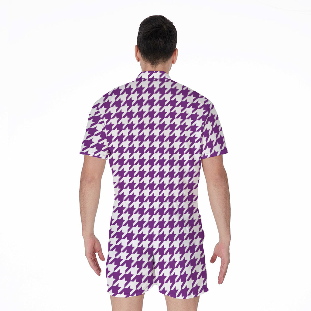 Purple And White Houndstooth Print Men's Rompers