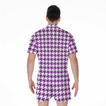 Purple And White Houndstooth Print Men's Rompers