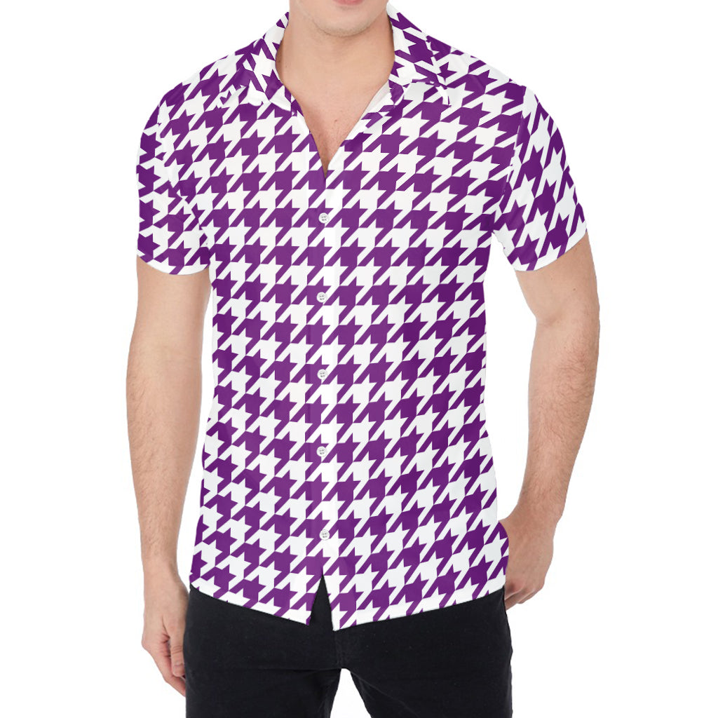 Purple And White Houndstooth Print Men's Shirt