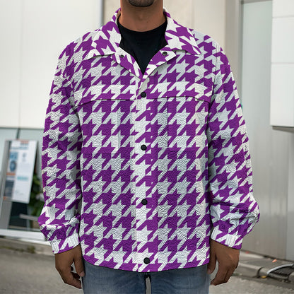 Purple And White Houndstooth Print Men's Shirt Jacket
