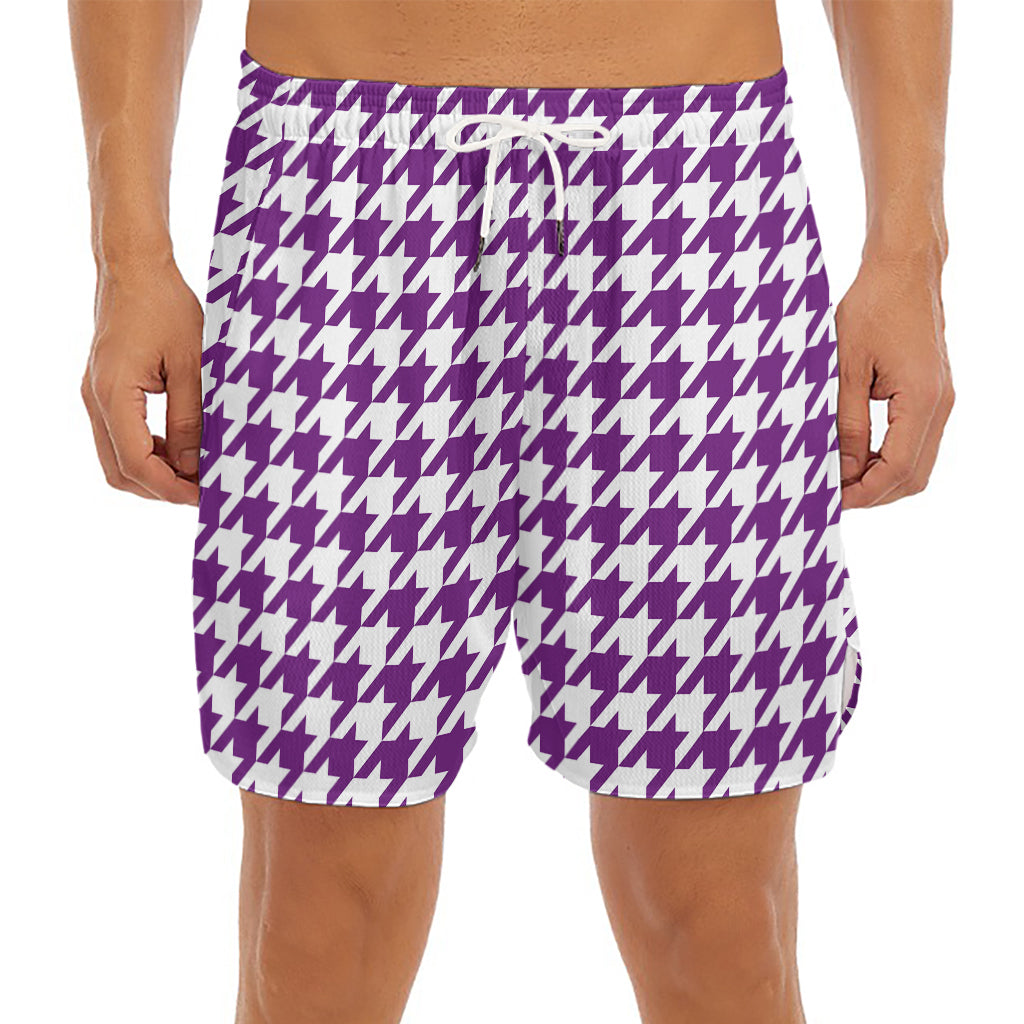 Purple And White Houndstooth Print Men's Split Running Shorts