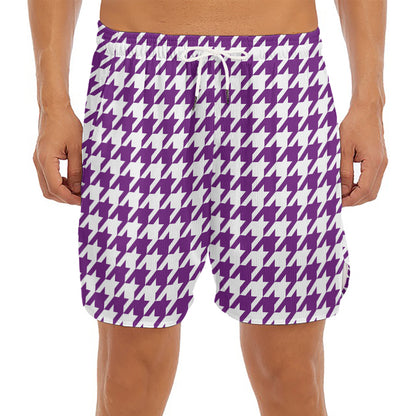 Purple And White Houndstooth Print Men's Split Running Shorts
