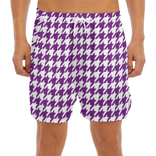 Purple And White Houndstooth Print Men's Split Running Shorts