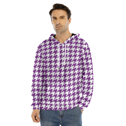 Purple And White Houndstooth Print Men's Velvet Pullover Hoodie