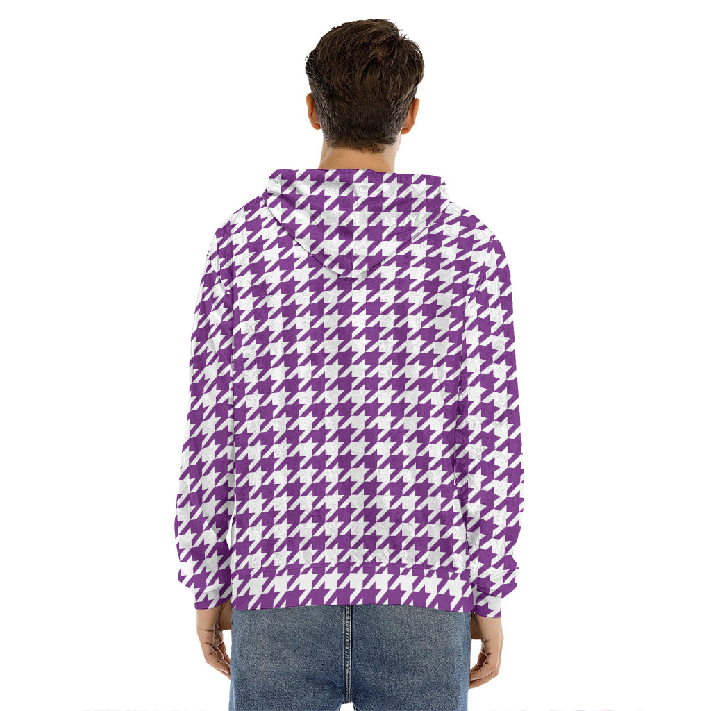 Purple And White Houndstooth Print Men's Velvet Pullover Hoodie