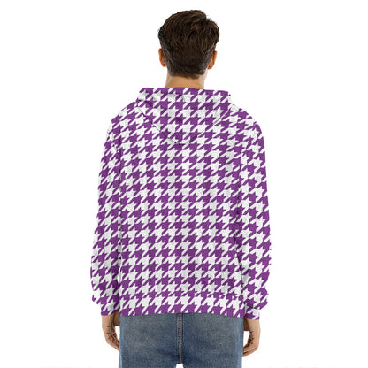 Purple And White Houndstooth Print Men's Velvet Pullover Hoodie