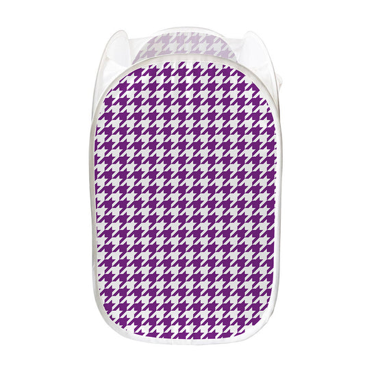 Purple And White Houndstooth Print Mesh Laundry Hamper