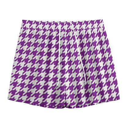 Purple And White Houndstooth Print Mesh Shorts